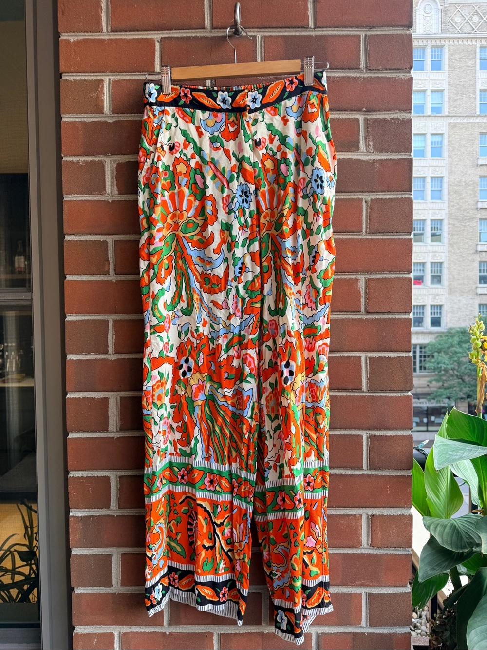 Tahari Orange Floral Pants with Green & Black Accents